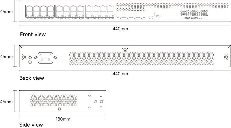 Dimension of Layer 2  Managed PoE Switch 24x10/100/1000M RJ45, Uplink 4x1G/2.5G SFP