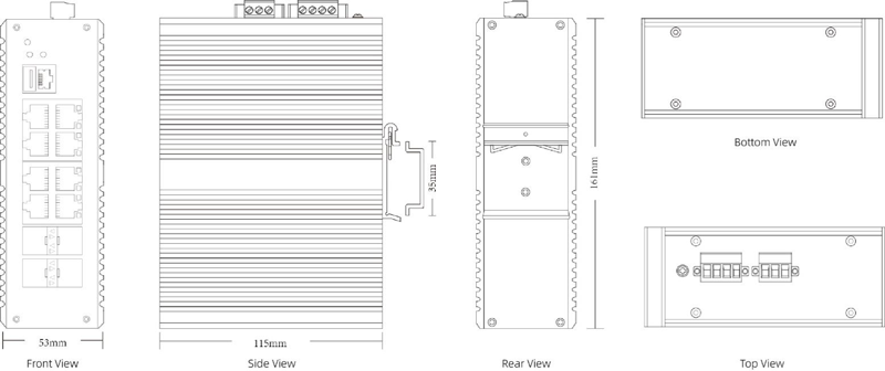 Dimension of Industrial Managed PoE Switch 10GE 4xSFP , GE 8xRJ45 PoE Support USB for easy upgrading and bring-up