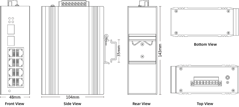 Dimension of Industrial Managed PoE Switch 8x10/100/1000M RJ45, 2x1000M SFP