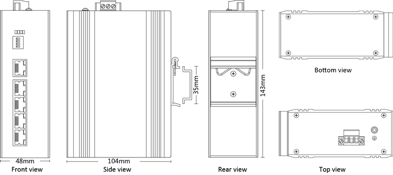 Dimension of Industrial Ethernet Switch 5x10/100/1000M RJ45 (PoE)