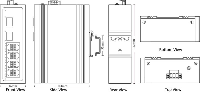 Dimension of Industrial Ethernet Switch 8x10/100/1000M RJ45 (PoE), Uplink 2x1000M SFP
