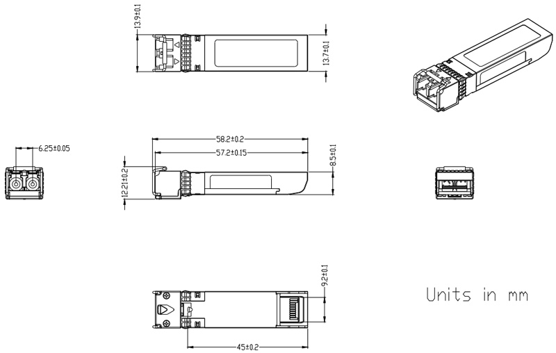 Outline Drawing (mm) of 10Gb/s DWDM SFP  40km Transceiver