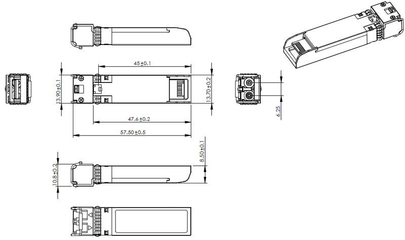 Outline Drawings (mm) of 10Gb/s SFP  CWDM 80km Transceiver