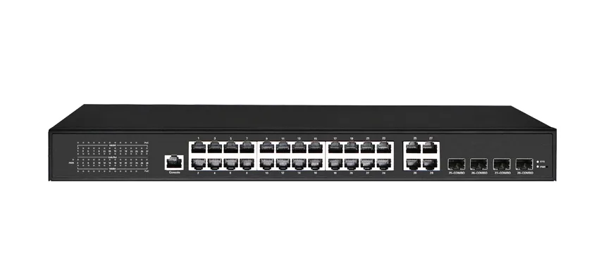 Коммутатор доступа уровня 3 Lite, управляемый 24x10/100/1000M RJ45 PoE (порт 1-2 PoE BT90w), 4x1000M Combo (RJ45/SFP)
